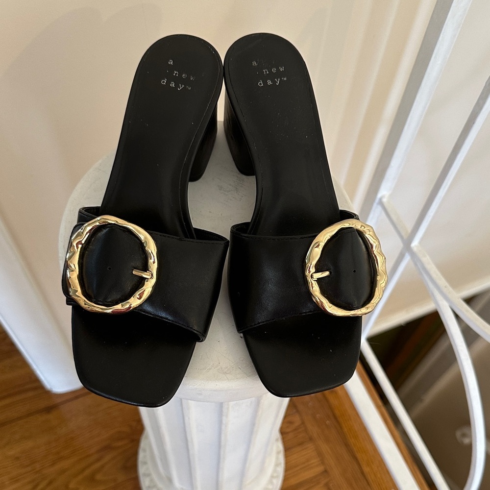 a new day Black Slide Mules with Gold Buckle